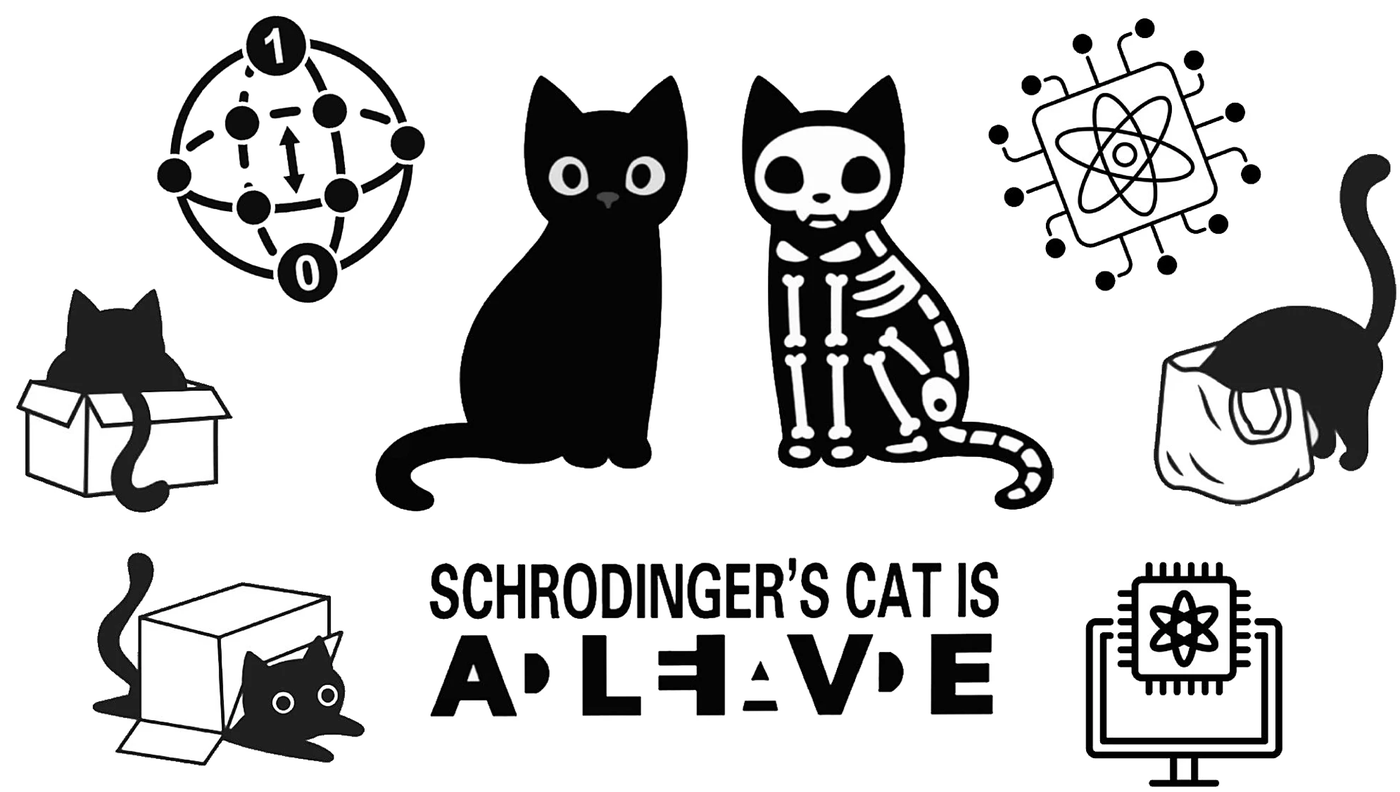 Gravur auf Kiste 1: Katzen, ein Karton und der Schriftzug Schrödinger's cat is alive und dead