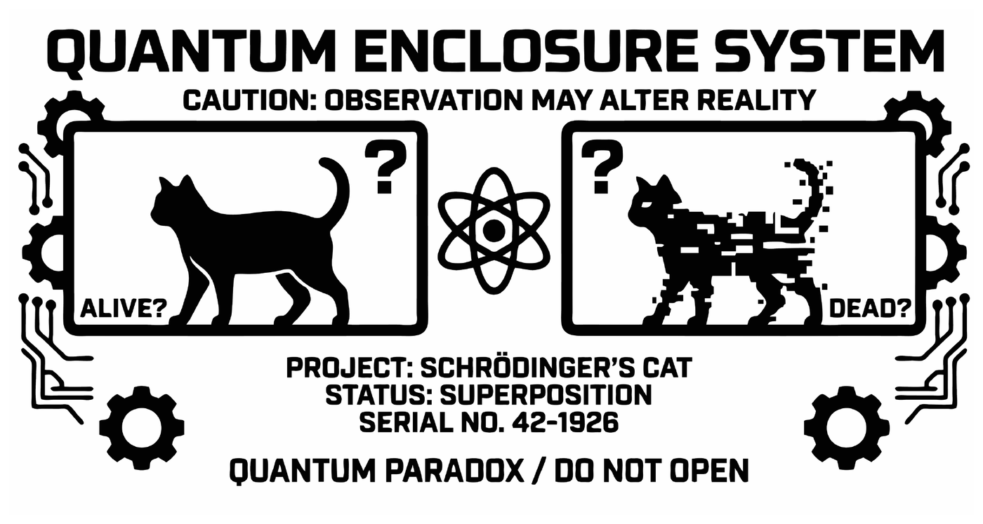 Gravur auf Kiste 2: Quantum Enclosure System mit lebender und zerfallender Katze